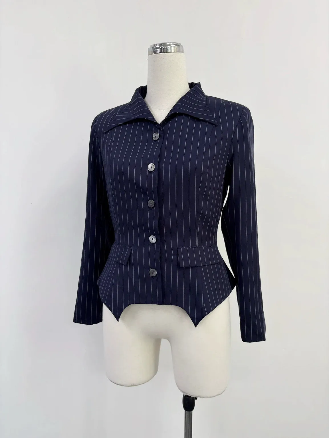 SAMPLE #341 - S Tencel Stripe Business Woman Blazer Blouse - Navy sold by Fashion Brand Company product image thumbnail 2