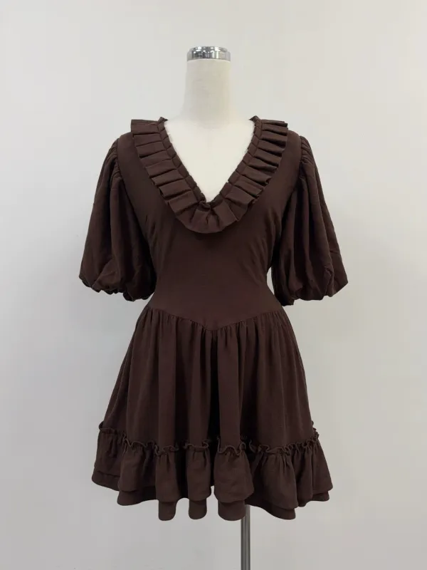 SAMPLE #348 - S Soft Linen Ruffle Dress - Brown made by Fashion Brand Company