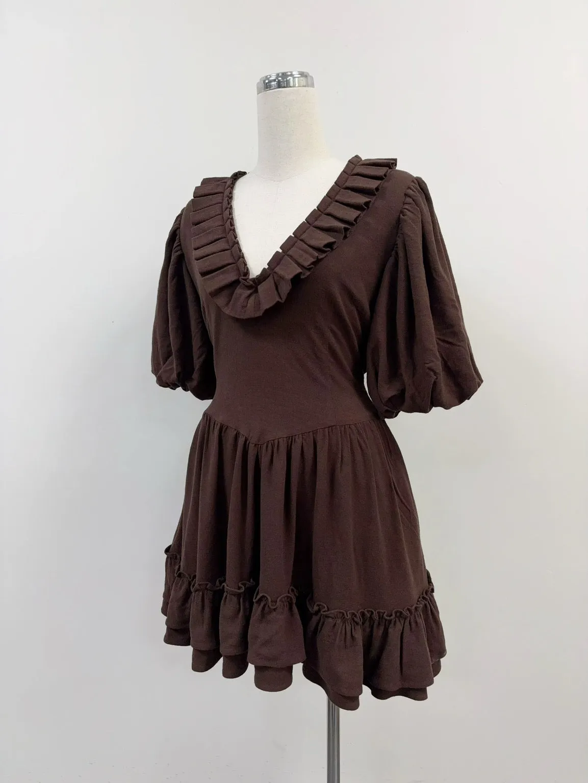 SAMPLE #348 - S Soft Linen Ruffle Dress - Brown sold by Fashion Brand Company product image thumbnail 2