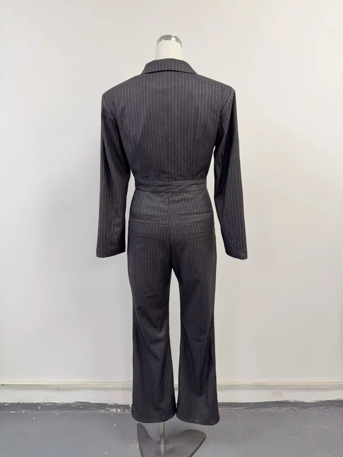 SAMPLE #349 - S Nicole's Pinstripe Cinema Jumpsuit - Gray / Silver sold by Fashion Brand Company product image thumbnail 3