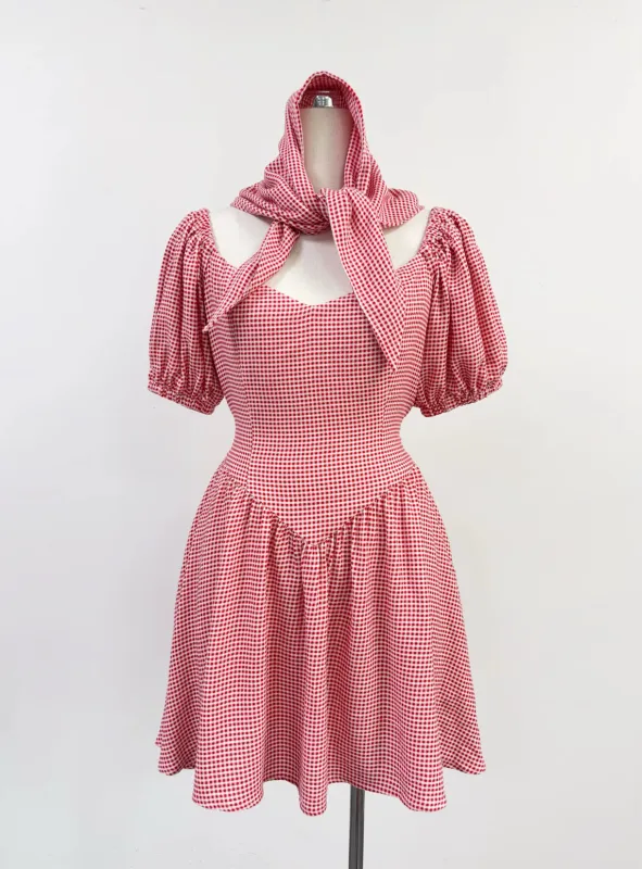 SAMPLE #362 - S/M Soft Linen Gingham Strega Nona Dress And Scarf - Red made by Fashion Brand Company