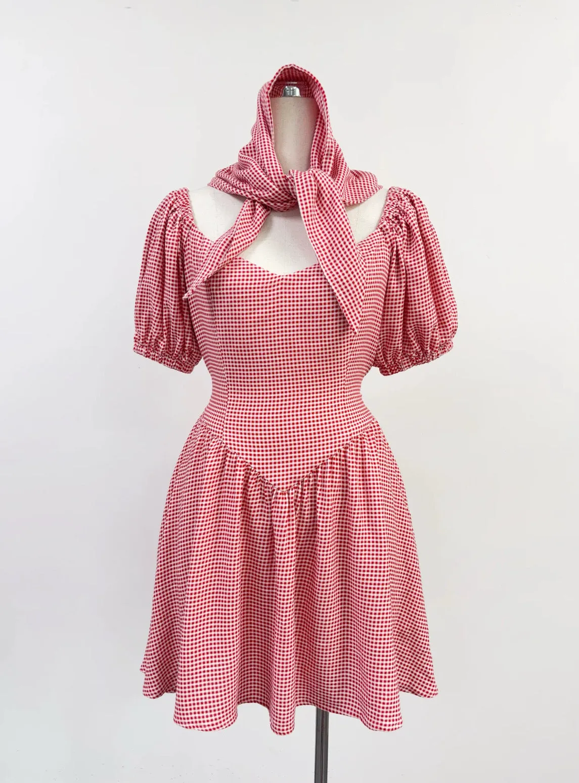 SAMPLE #362 - S/M Soft Linen Gingham Strega Nona Dress And Scarf - Red sold by Fashion Brand Company