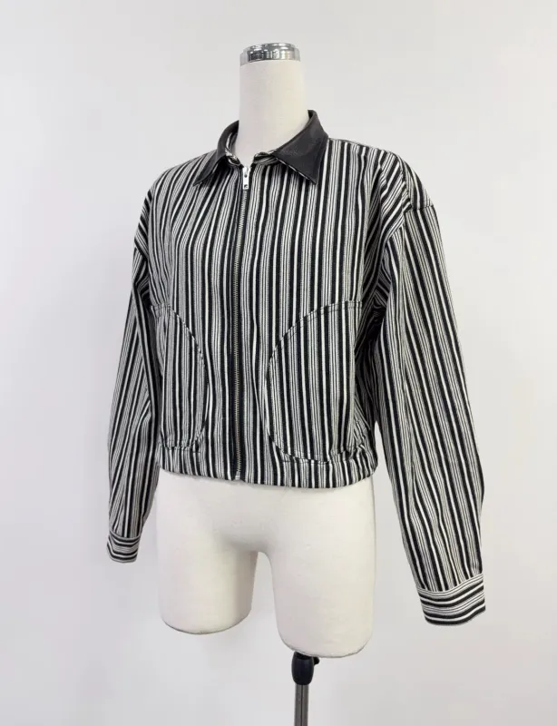 SAMPLE #383 - S Cropped Bomber Leather Collar Jacket - Black / White made by Fashion Brand Company