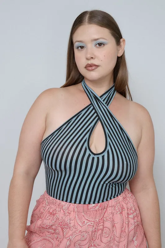 Plunge Stripe Wool Blend Halter Top Blue made by Fashion Brand Company