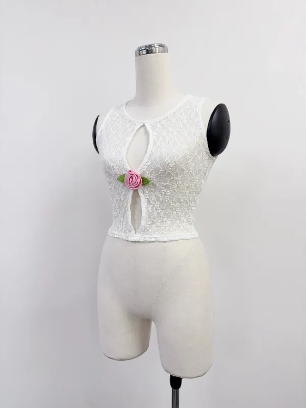 SAMPLE #340 - S Sheer Lace Pink Rose Cutout Tank Top - White made by Fashion Brand Company