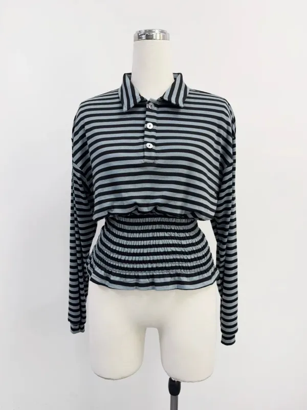 SAMPLE #324 - S Smocked Waist Long Sleeve Polo Shirt - Blue Stripe made by Fashion Brand Company