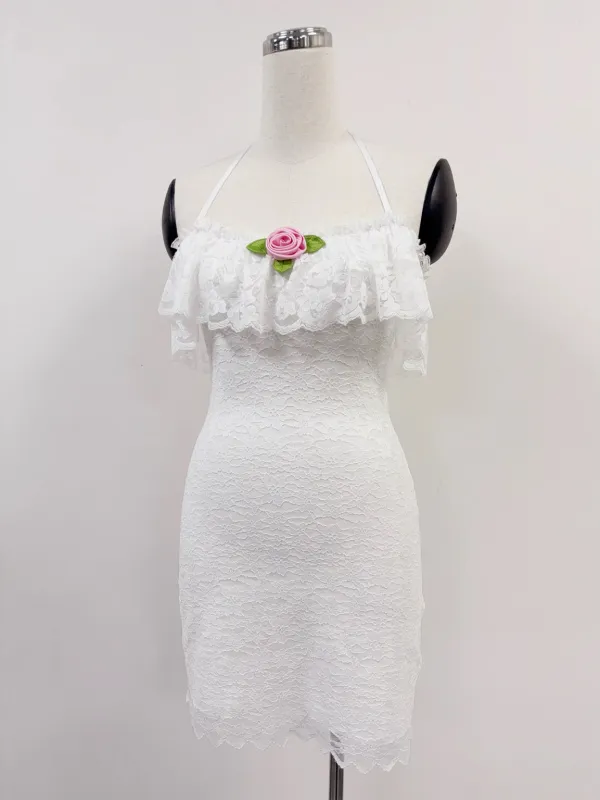SAMPLE #318 - S Pink Rose Lace Halter Mini Dress - White made by Fashion Brand Company