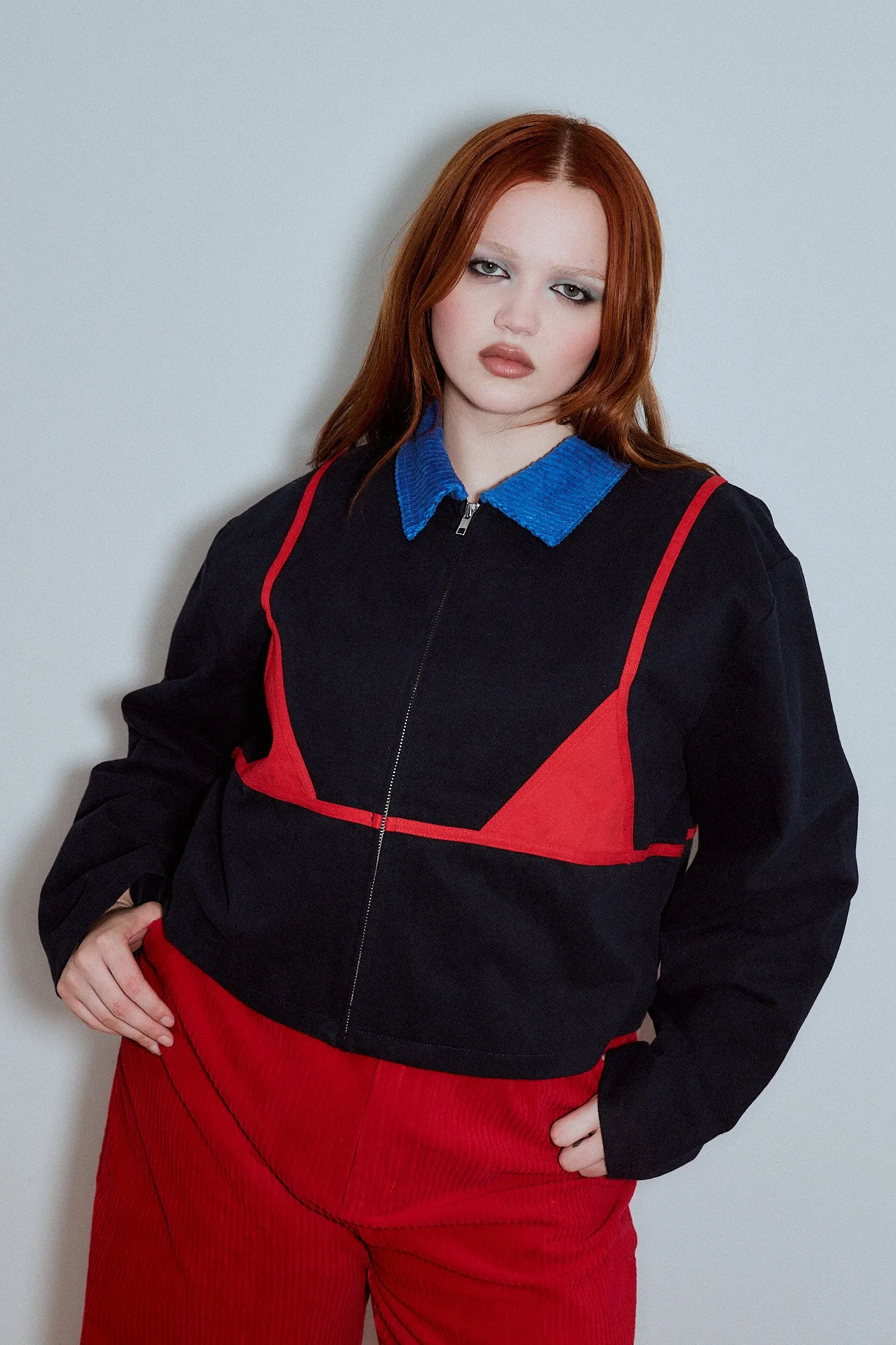 Bikini Bod Canvas Construction Crop Jacket Navy/Red sold by Fashion Brand Company product image thumbnail 3