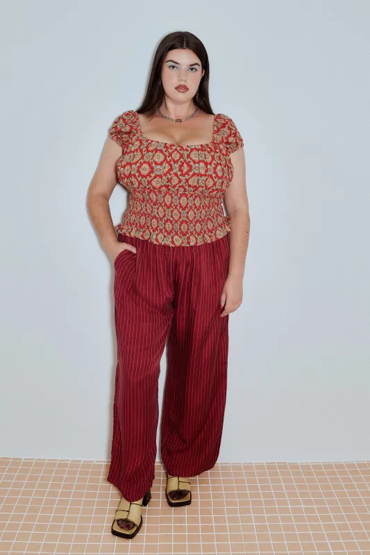 Tencel Stripe Lazy Pants Maroon made by Fashion Brand Company