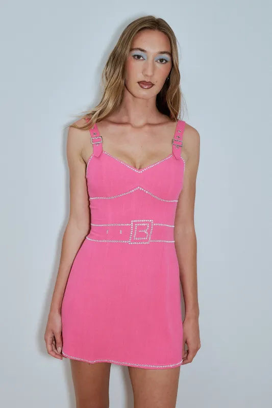 Buckle Strap Rhinestone Soft Linen Mini Dress Pink made by Fashion Brand Company