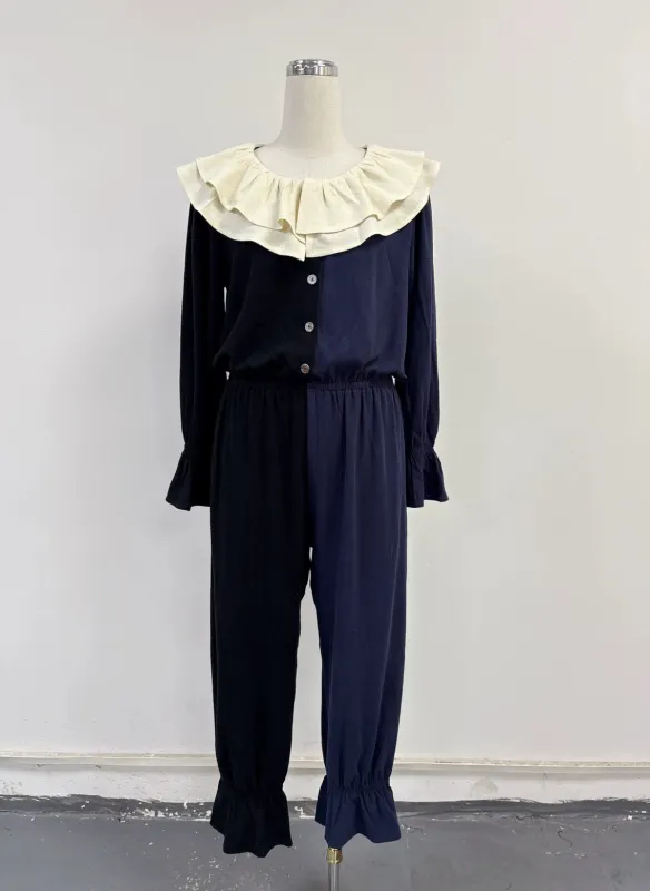 SAMPLE #428 - S Soft Linen Clown Collar Split Jester Jumpsuit - Black / Navy made by Fashion Brand Company