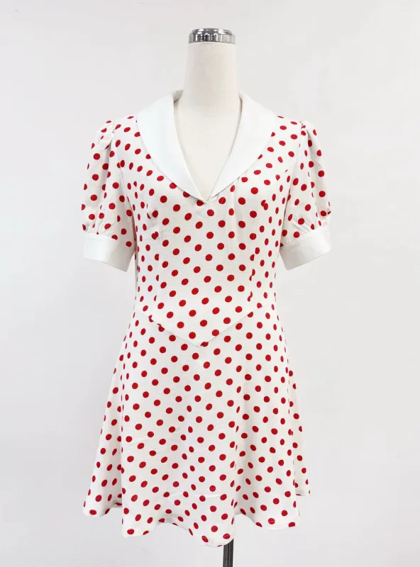 SAMPLE #411 - S Soft Linen Polka Dot Collared Mini Dress - White / Red made by Fashion Brand Company