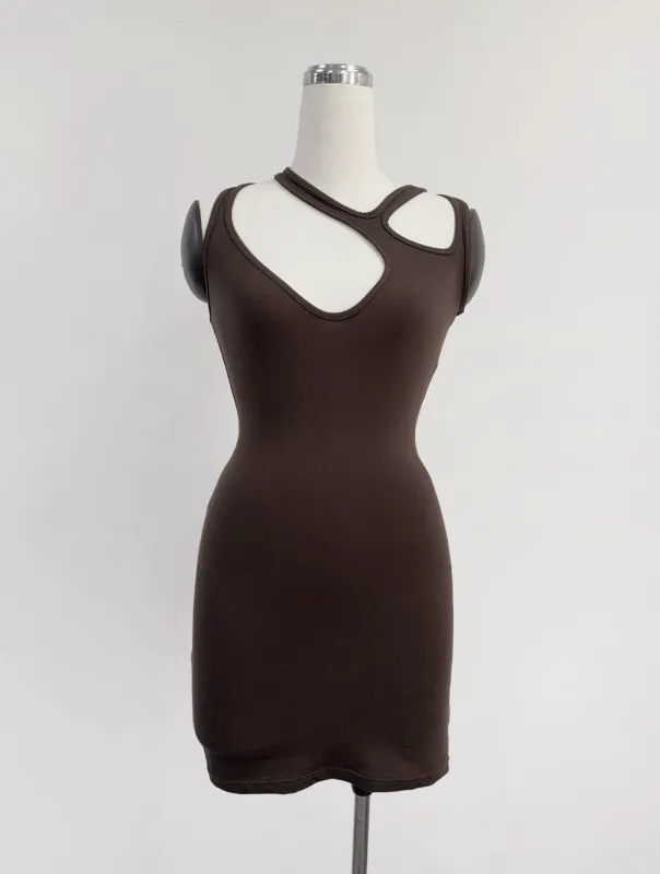 SAMPLE #400 - S Strappy Stretchy Jersey Mini Dress - Brown made by Fashion Brand Company