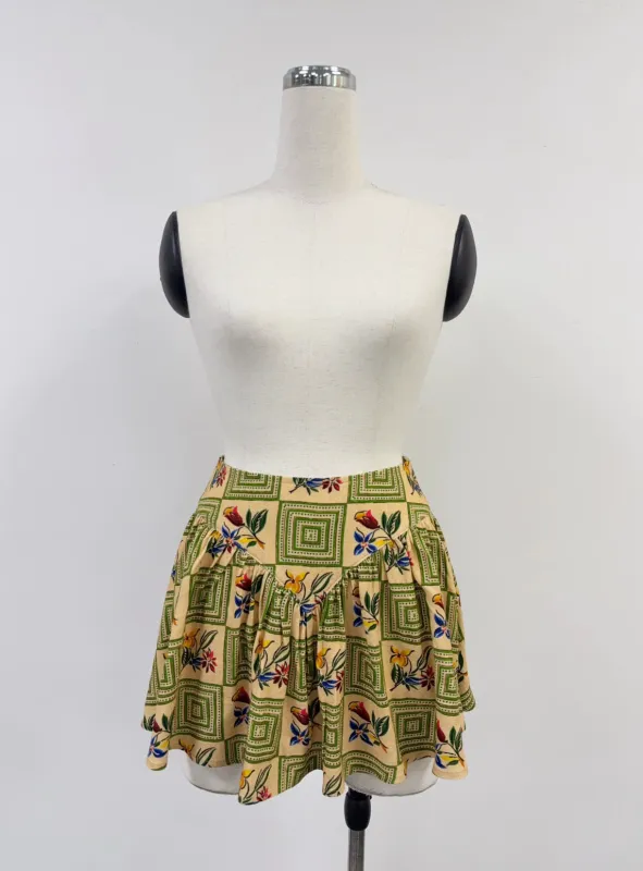 SAMPLE #439 - S Soft Linen Floral Checkered Park Mini Skirt - Tan / Green made by Fashion Brand Company