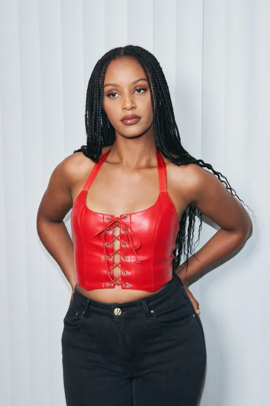 Lace Up Halter Top Plant Leather Red sold by Fashion Brand Company