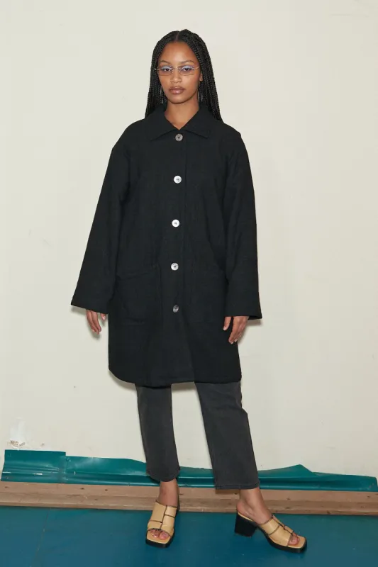 Black Linen Quilted Mid Length Coat made by Fashion Brand Company