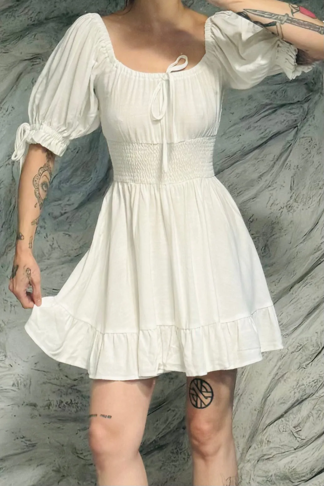 SAMPLE #88 - S/M White Peasant Linen Mini Dress sold by Fashion Brand Company