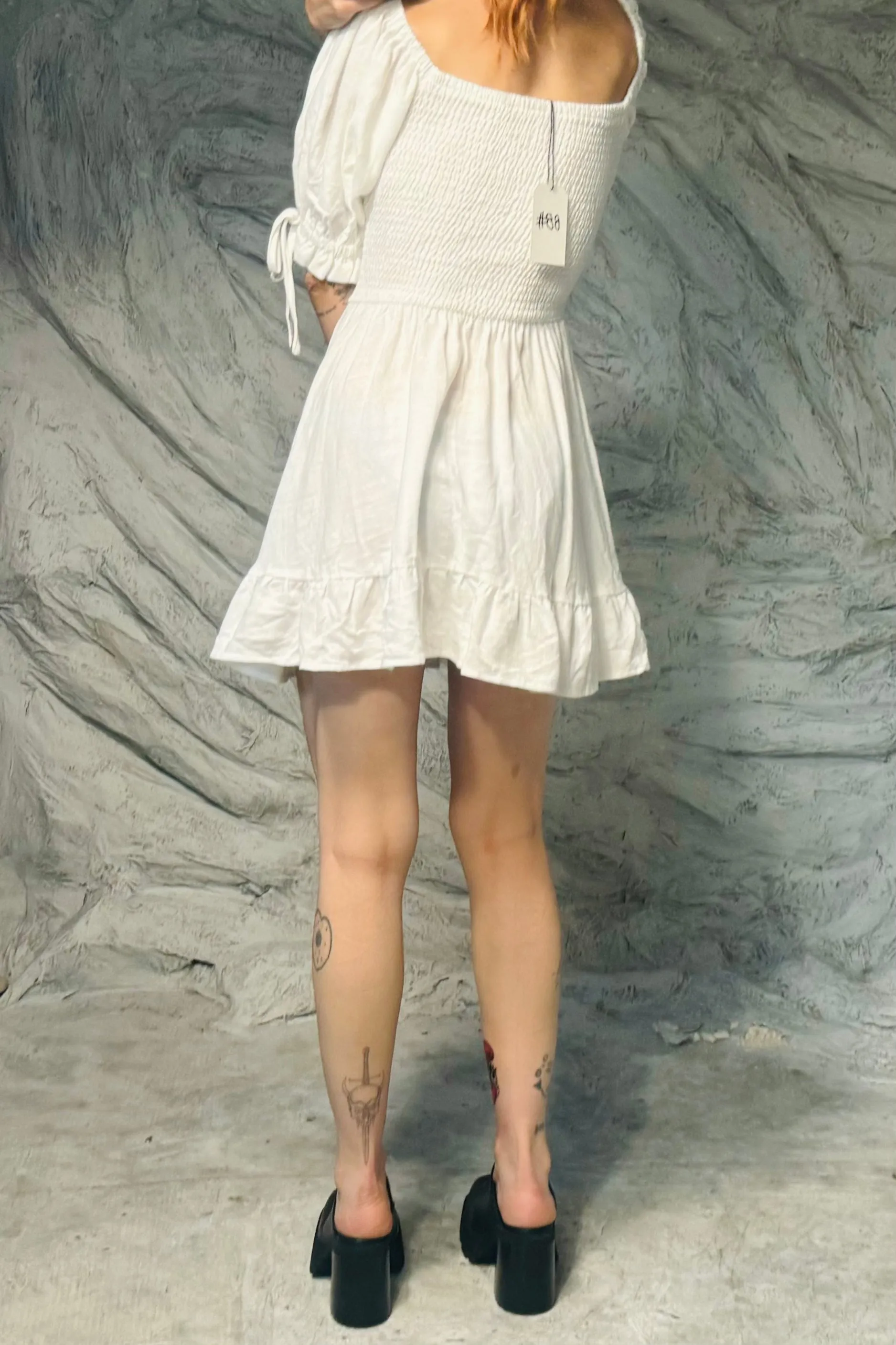 SAMPLE #88 - S/M White Peasant Linen Mini Dress sold by Fashion Brand Company product image thumbnail 2