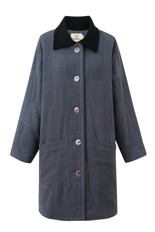 Black Collar Charcoal Linen Quilted Coat made by Fashion Brand Company