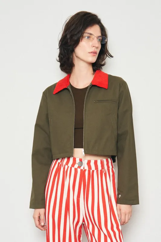 Canvas Construction Crop Jacket in Moss/red sold by Fashion Brand Company