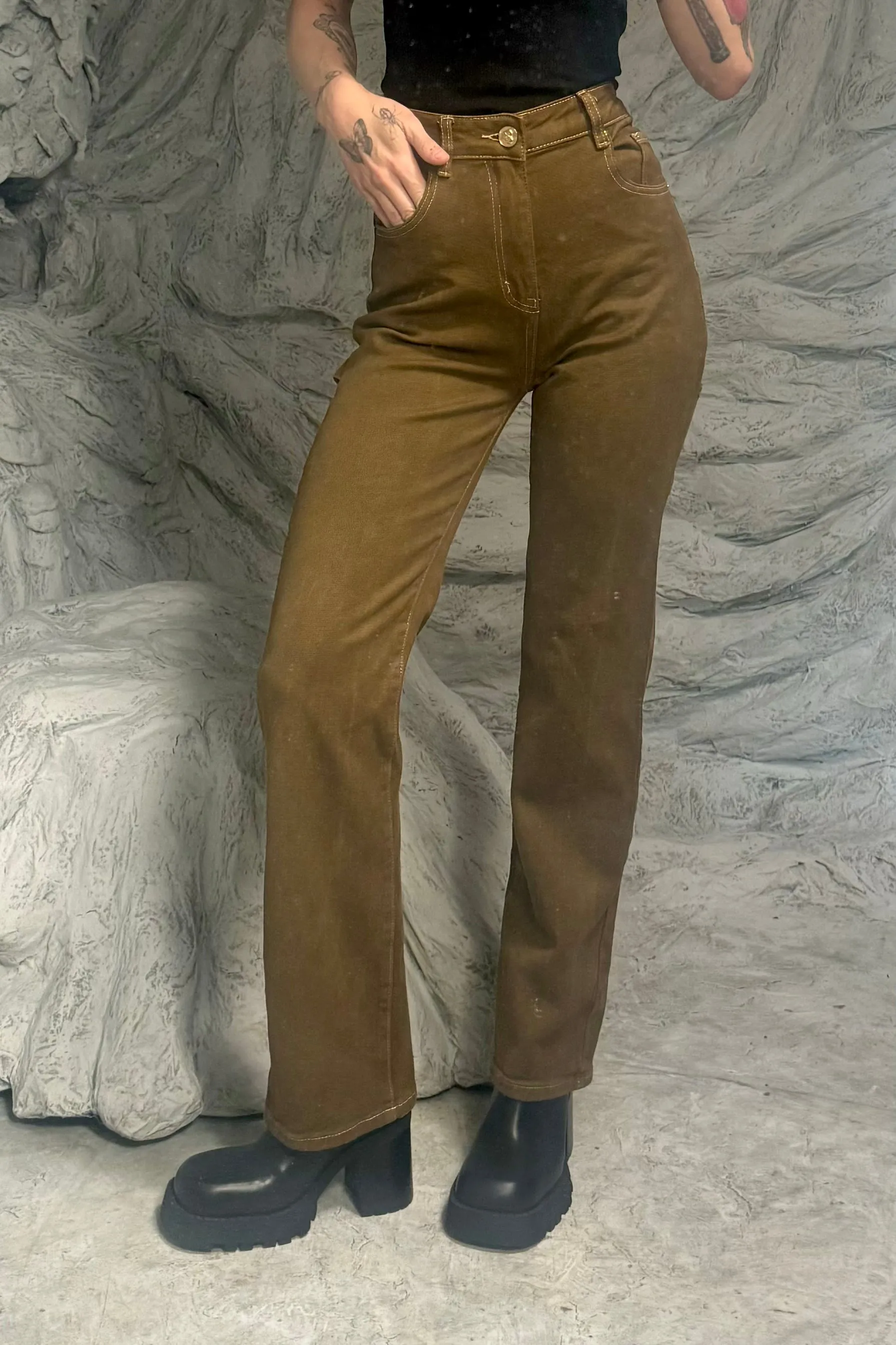 SAMPLE #75 - S Green/Brown denim farm jeans sold by Fashion Brand Company