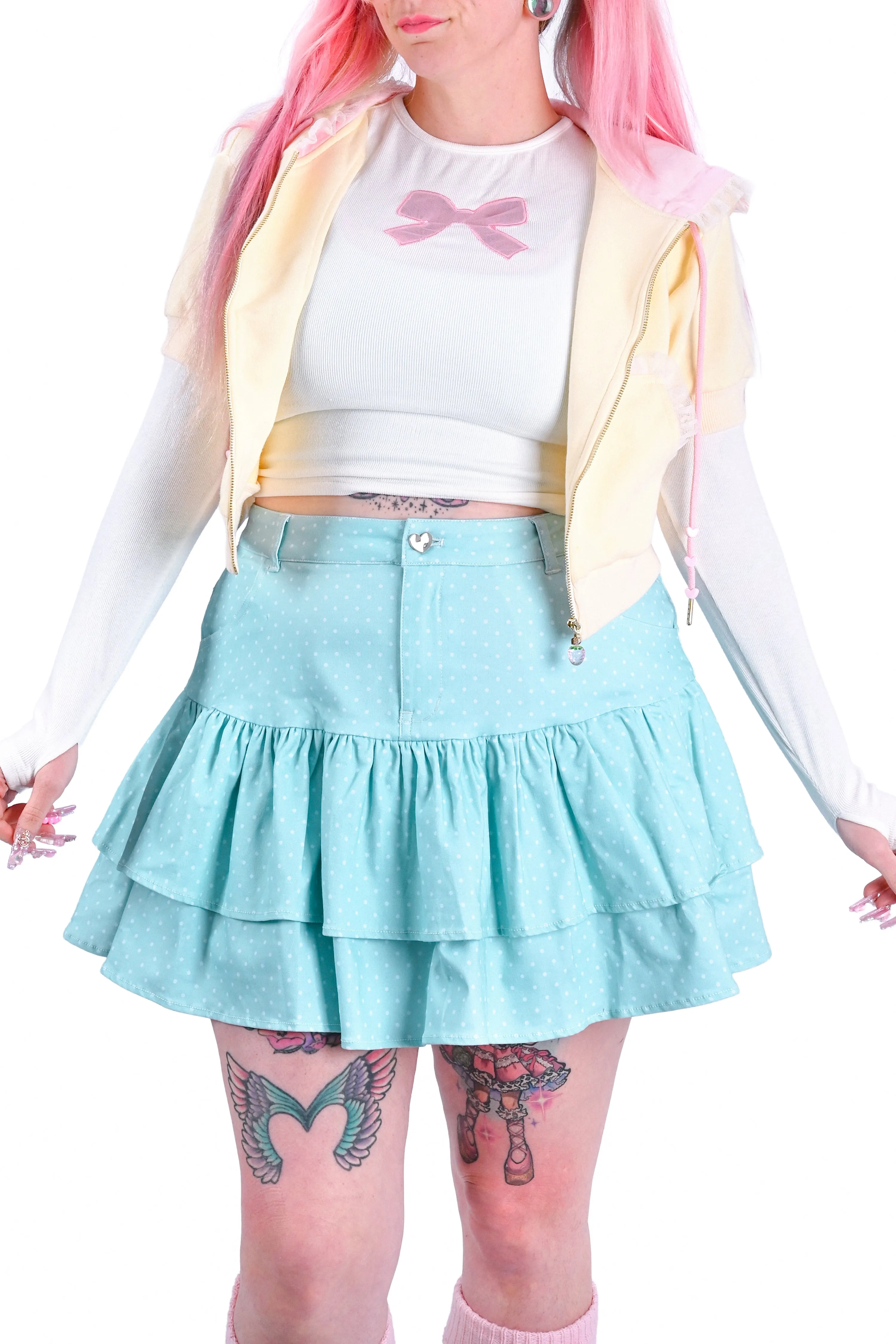 Dreamy Dots Denim Ruffle Skirt - Mint sold by My Violet product image thumbnail 2