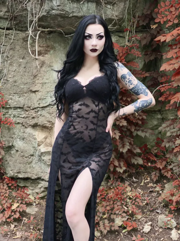 Lily Slip Dress in Black Queen of Halloween Flocked Sparkle Mesh sold by Wax Poetic