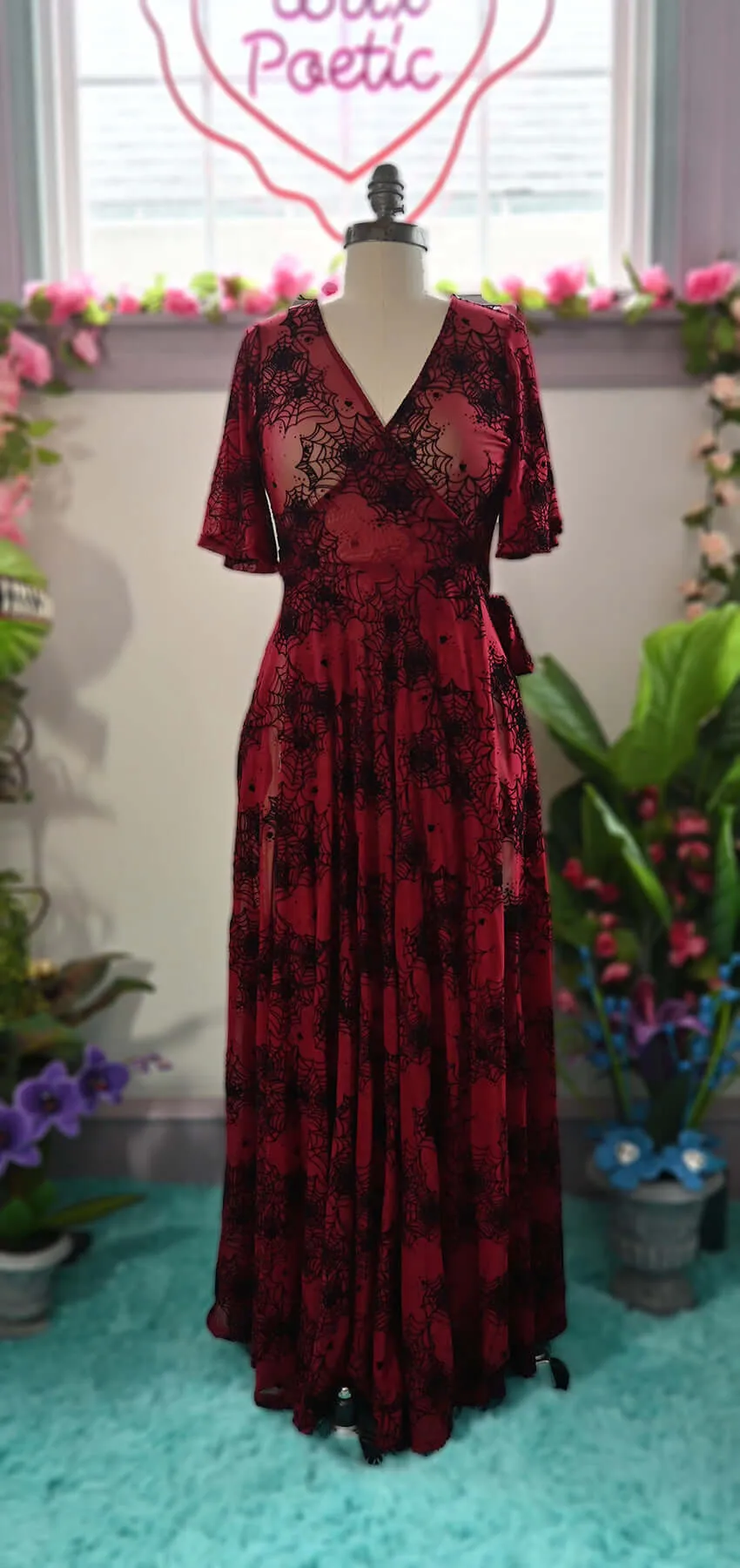 Oxblood Lydia wrap dress in Flocked Spiderwebs sold by Wax Poetic product image thumbnail 2