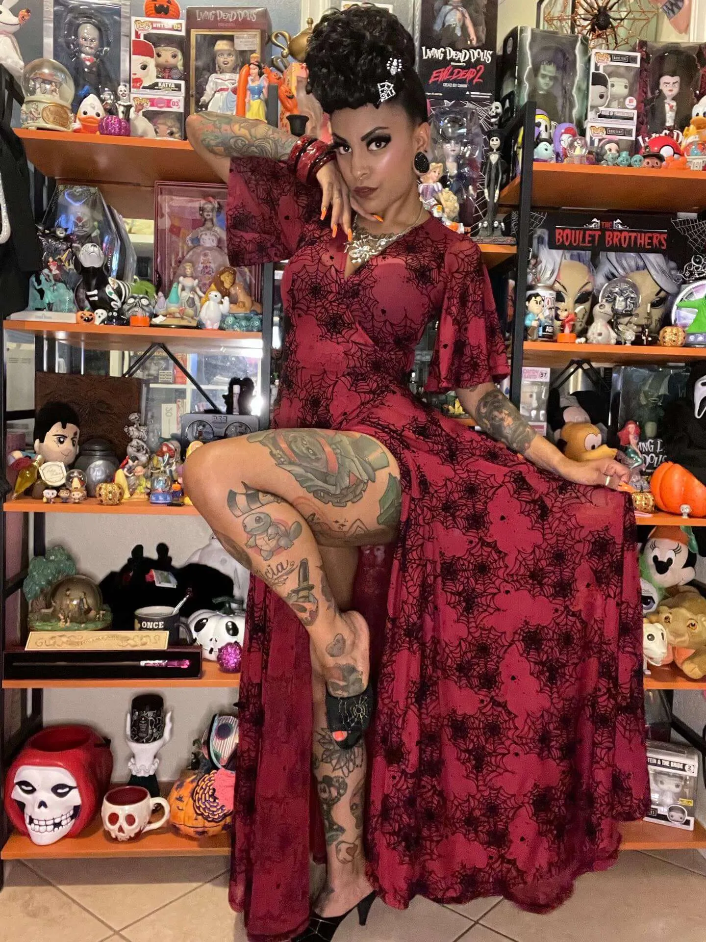 Oxblood Lydia wrap dress in Flocked Spiderwebs sold by Wax Poetic