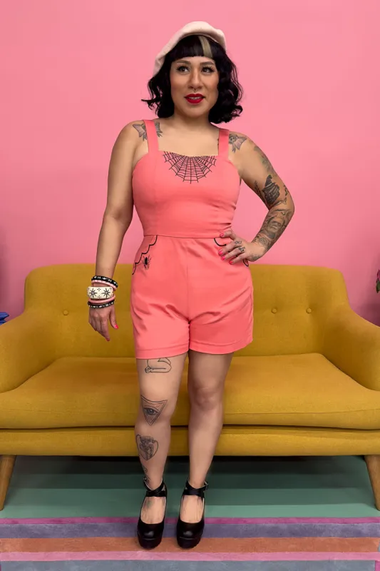 Glamour Ghoul Spiderweb Romper in Coral Pink by The Oblong Box Shop sold by Wax Poetic