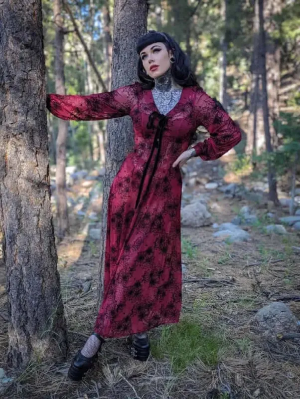 Oxblood Penny Maxi dress with Flocked Spiderwebs sold by Wax Poetic