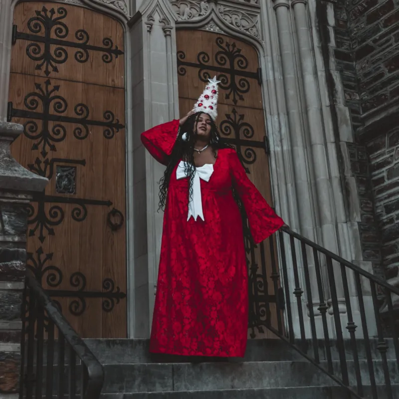 Priscilla 60's Bell Sleeve Lace Maxi Dress in Red sold by Wax Poetic