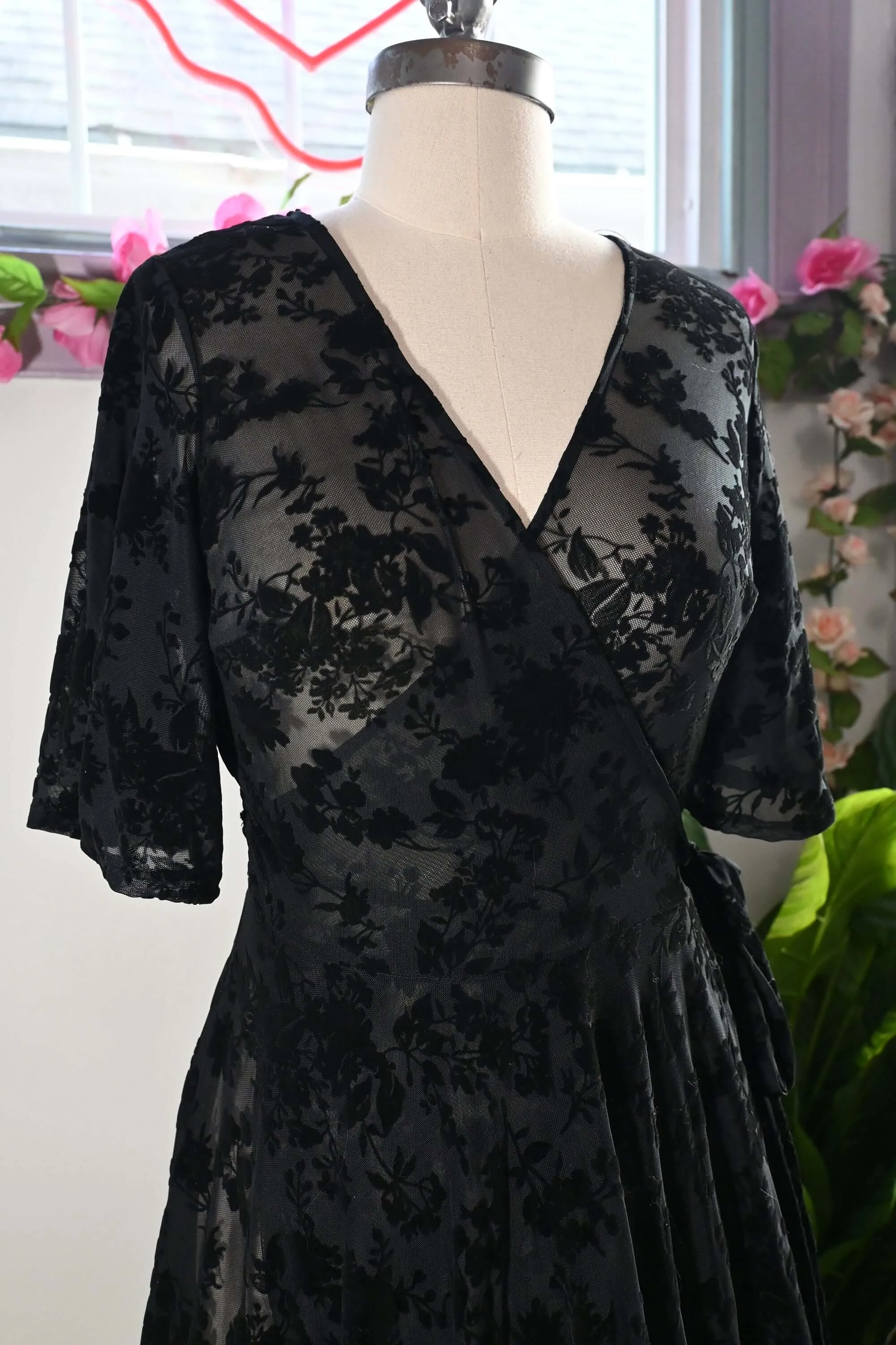 Lydia Wrap Dress in Flocked Rose Black Mesh sold by Wax Poetic product image thumbnail 4
