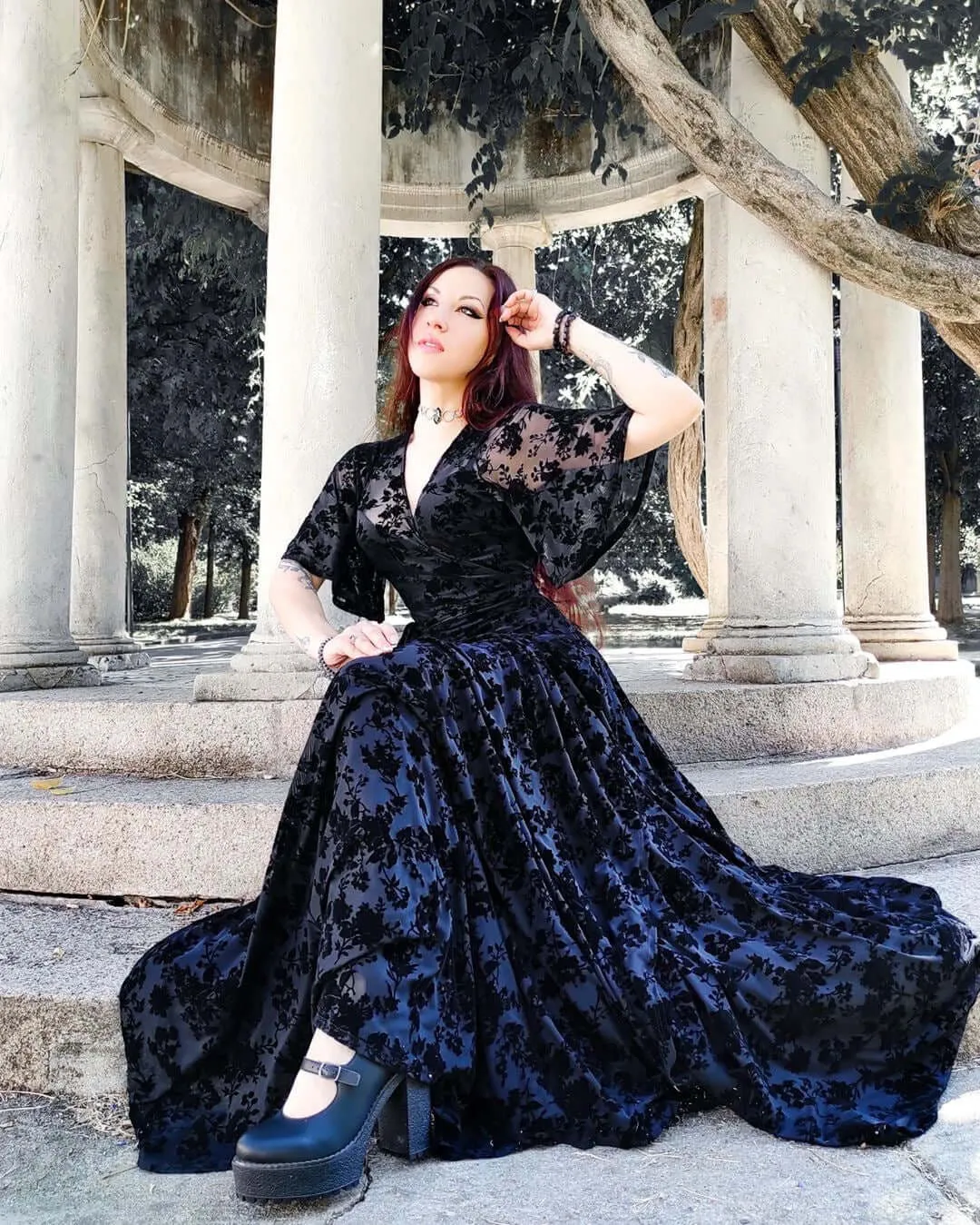 Lydia Wrap Dress in Flocked Rose Black Mesh sold by Wax Poetic product image thumbnail 2