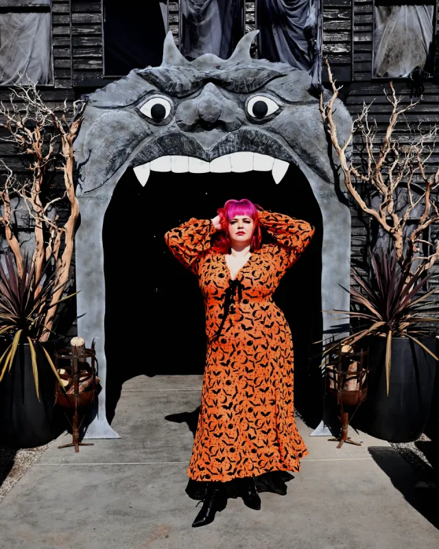 Penny Maxi Dress in Orange Sparkle Queen of Halloween Flocked Mesh sold by Wax Poetic