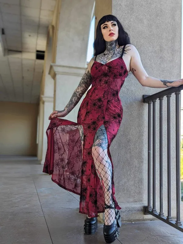 Lily Slip Dress in Oxblood Mesh Flocked Spiderwebs sold by Wax Poetic