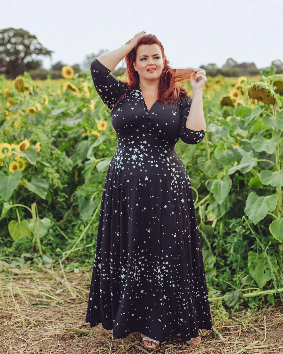 Raquel 3/4 Sleeve Black Maxi Star Clusters dress sold by Wax Poetic product image thumbnail 4
