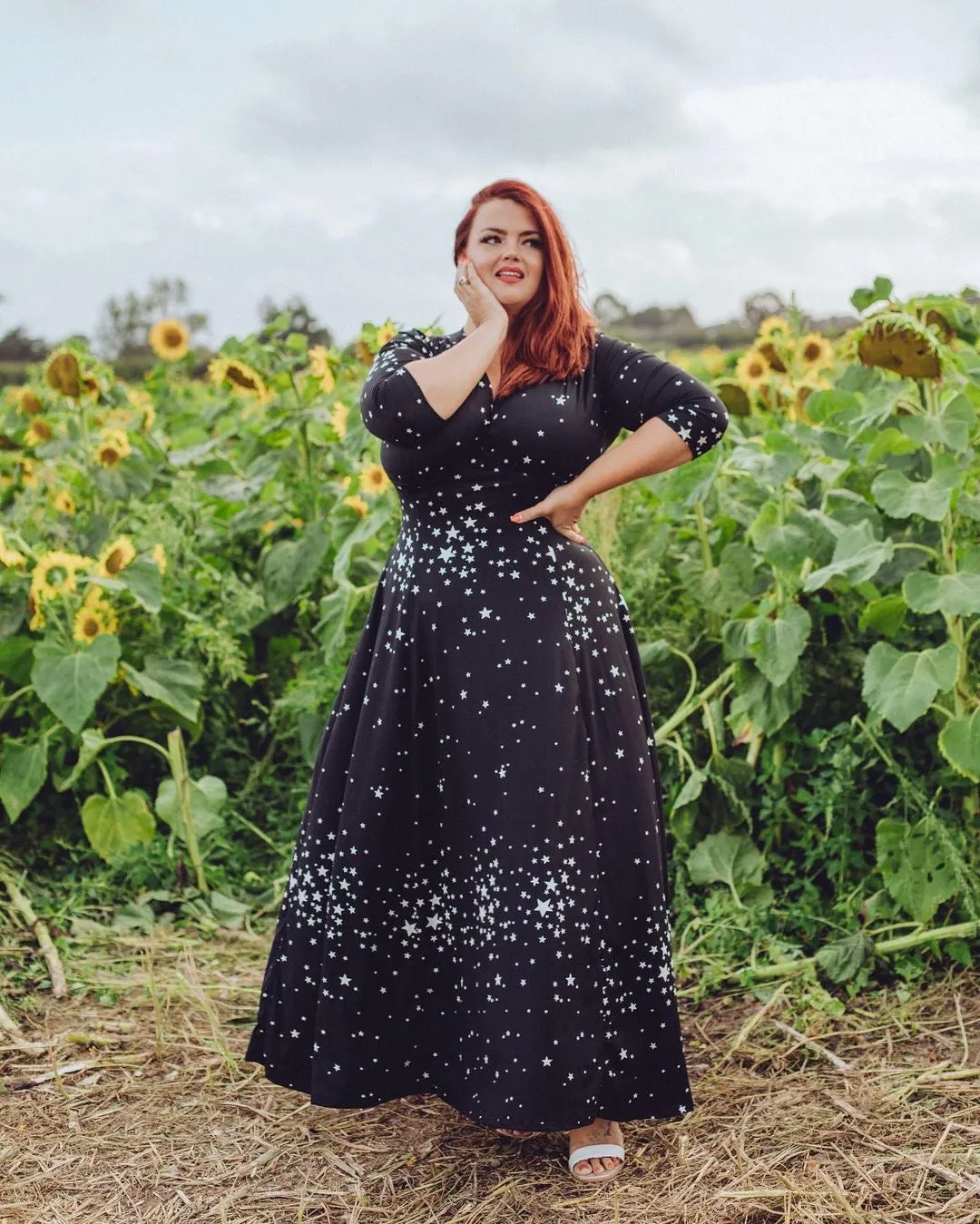 Raquel 3/4 Sleeve Black Maxi Star Clusters dress sold by Wax Poetic