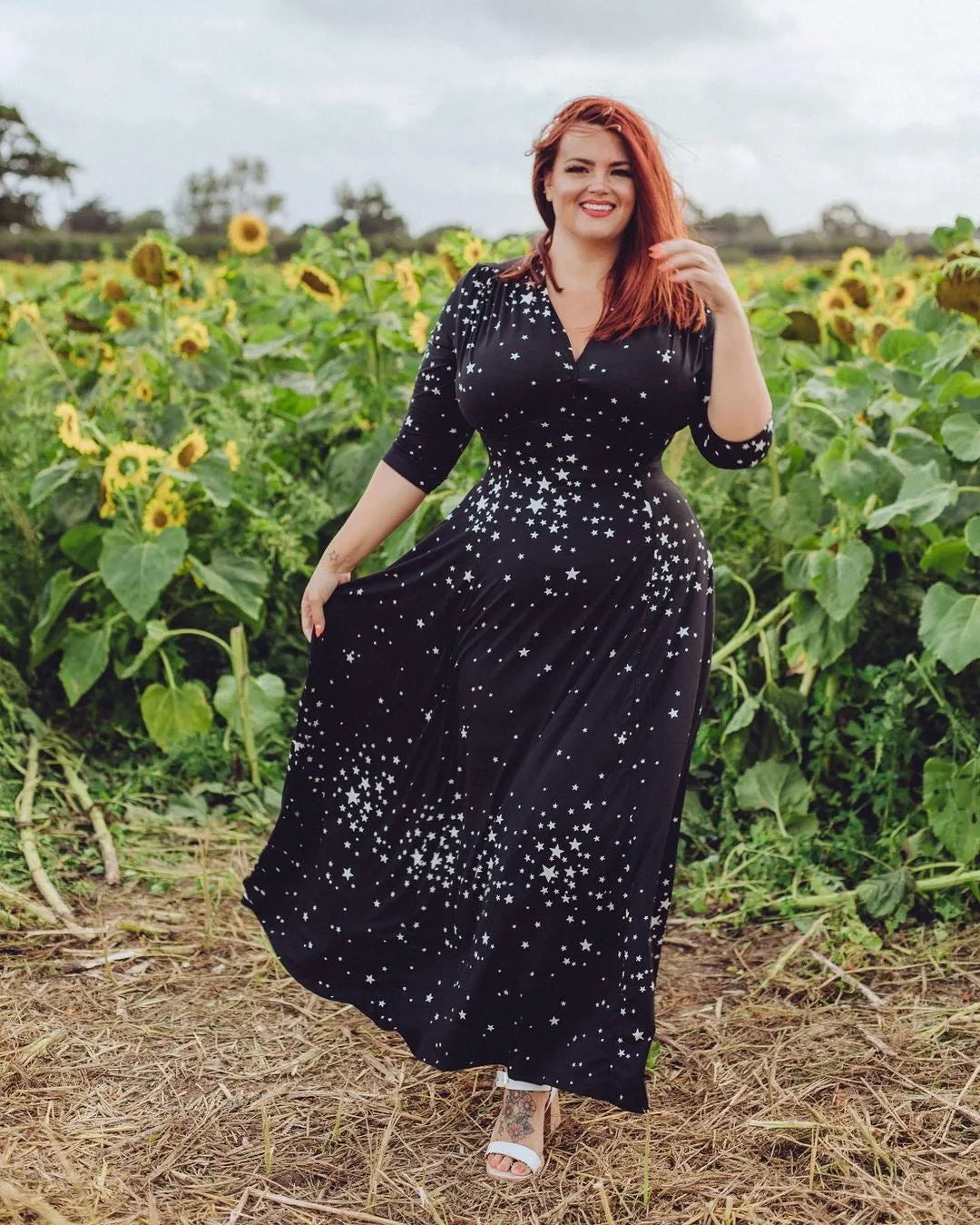 Raquel 3/4 Sleeve Black Maxi Star Clusters dress sold by Wax Poetic product image thumbnail 3