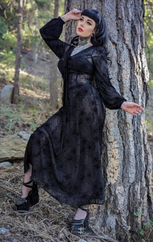 Black Penny Maxi dress with Flocked Spiderwebs sold by Wax Poetic