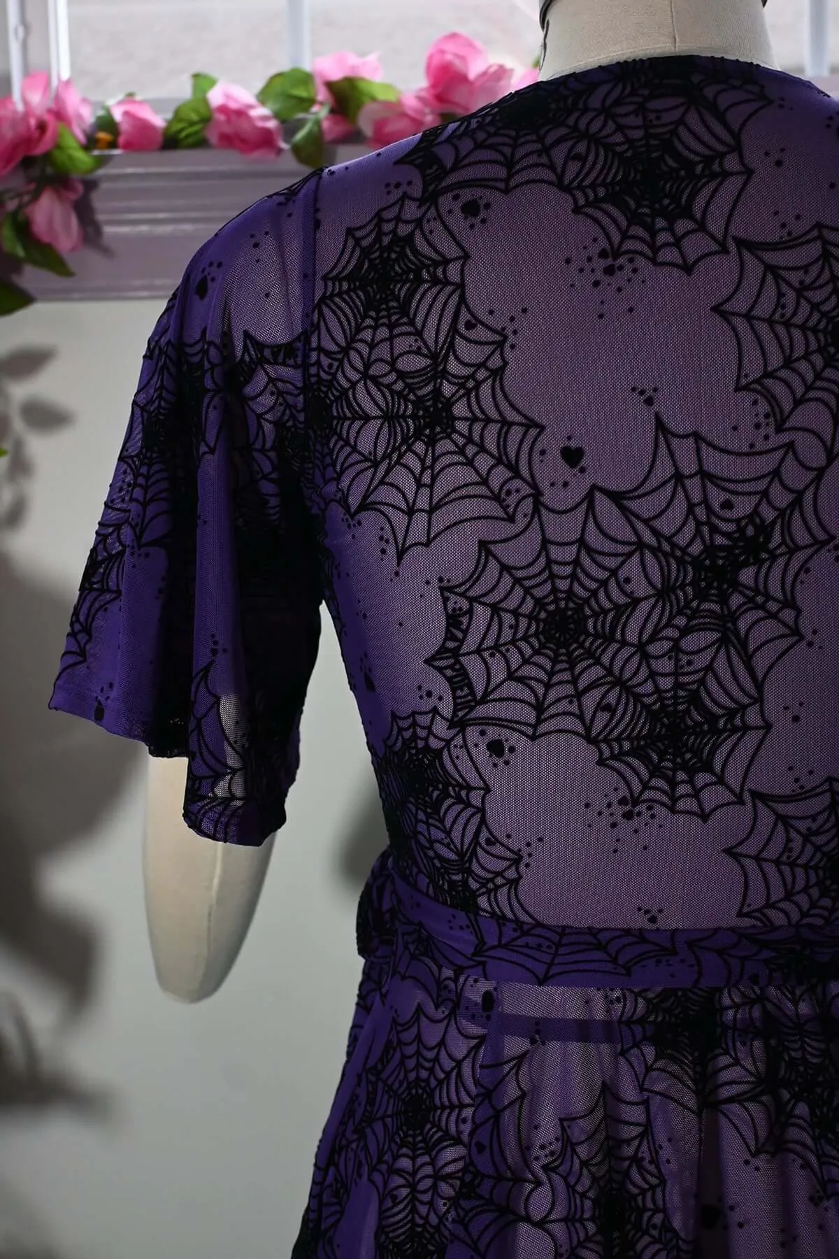 Aurora Wrap dress in Flocked Spiderweb Violet Mesh sold by Wax Poetic product image thumbnail 5