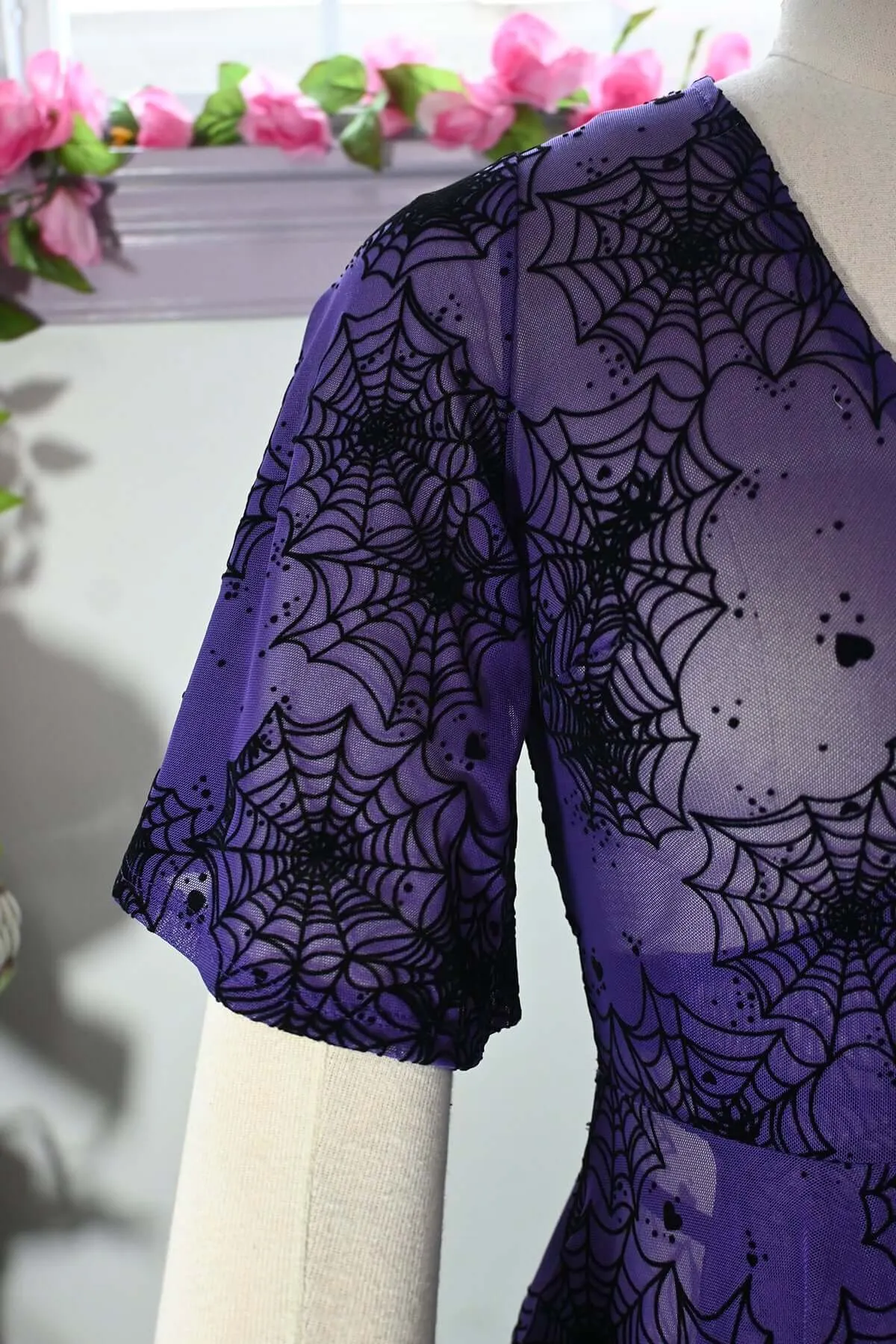 Aurora Wrap dress in Flocked Spiderweb Violet Mesh sold by Wax Poetic product image thumbnail 3