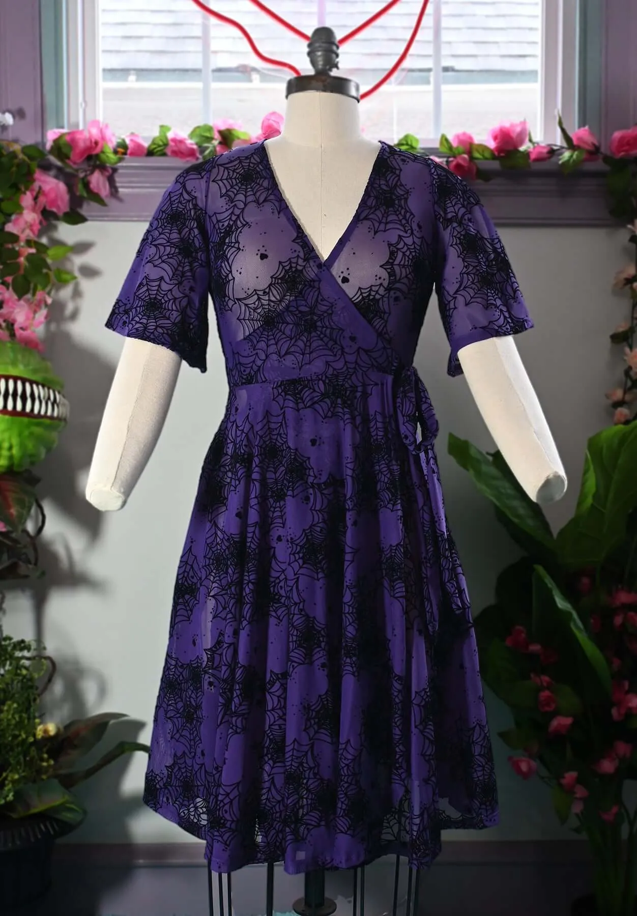 Aurora Wrap dress in Flocked Spiderweb Violet Mesh sold by Wax Poetic product image thumbnail 2