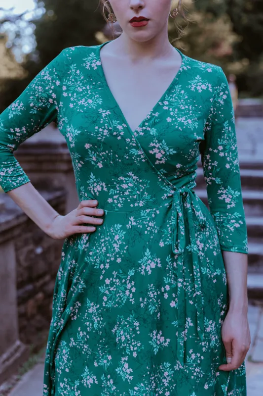 Audrey Wrap dress in Green Floral Knit sold by Wax Poetic