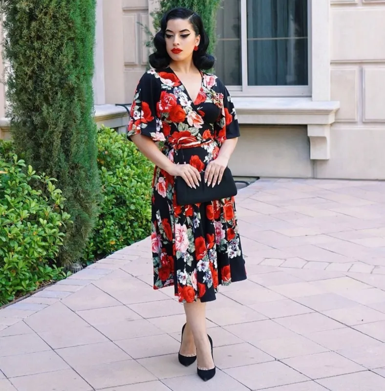 Aurora Wrap Dress in Rose Bouquet Print sold by Wax Poetic