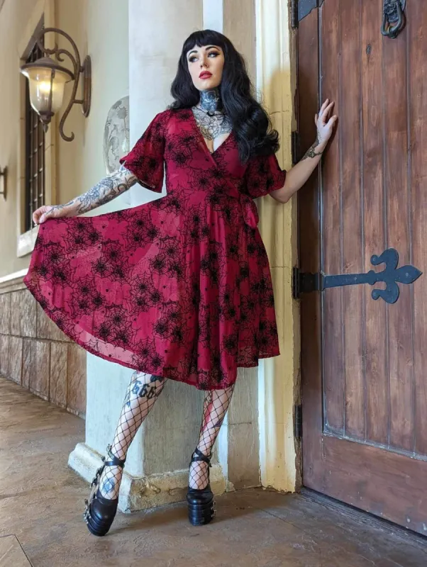 Aurora Wrap dress in Flocked Spiderweb Oxblood Mesh sold by Wax Poetic
