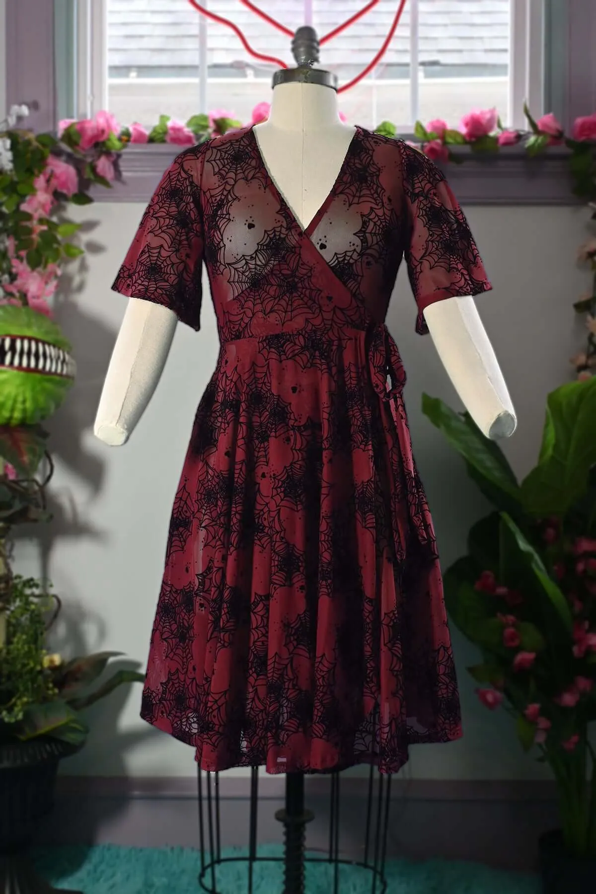 Aurora Wrap dress in Flocked Spiderweb Oxblood Mesh sold by Wax Poetic product image thumbnail 2