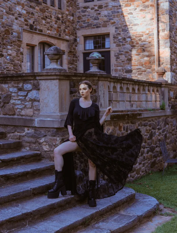 Lydia wrap skirt in Black Flocked Rose made by Wax Poetic
