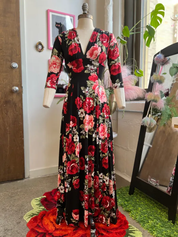 Raquel 3/4 Sleeve Maxi Dress in Red Rose Print sold by Wax Poetic