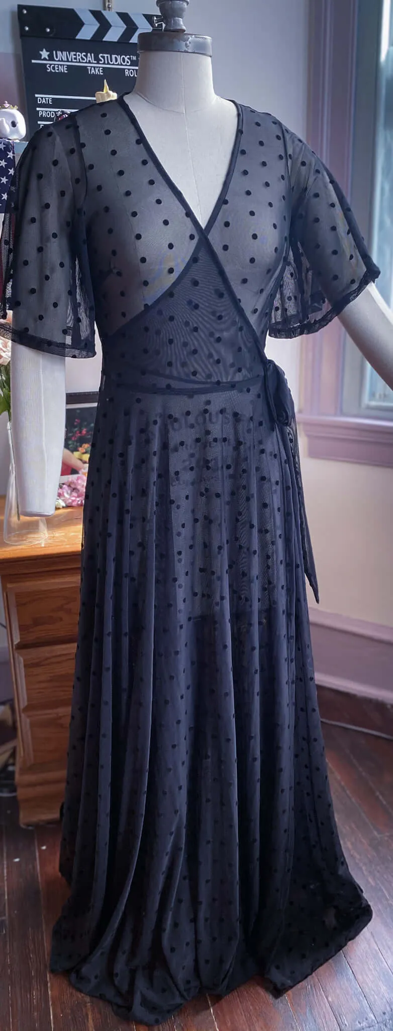 Polka Dot Flocked Black Mesh Lydia Dress sold by Wax Poetic product image thumbnail 2